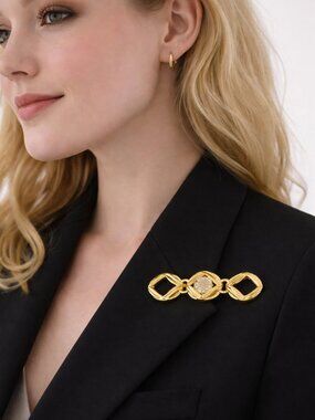 Vintage Dior Gold Tone Brooch Crystal Designer Pin Statement